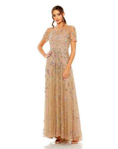 Shop Mac Duggal Embellished Sequin Detail A-line Gown In Antique Gold