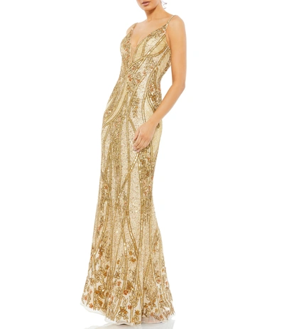 Shop Mac Duggal Embellished Sleeveless Plunge Neck Low Back Gown In Nude Gold