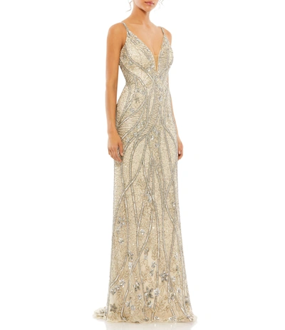 Shop Mac Duggal Embellished Sleeveless Plunge Neck Low Back Gown In Silver Nude