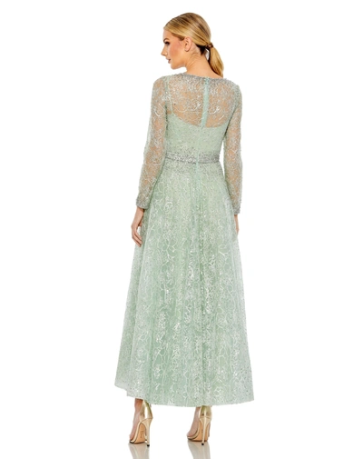 Shop Mac Duggal Embellished Wrap Over Long Sleeve Midi Dress In Sage