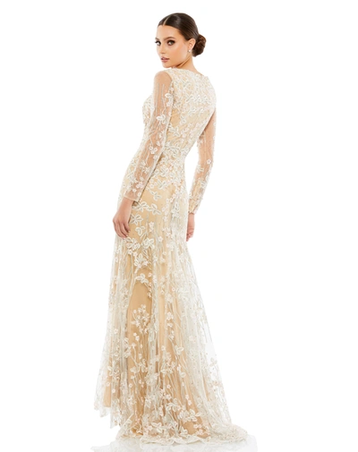 Mac Duggal Embroidered V Neck Long Sleeve Trumpet Gown In Ivory Nude
