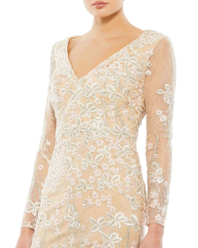 Shop Mac Duggal Embroidered V Neck Long Sleeve Trumpet Gown In Ivory Nude