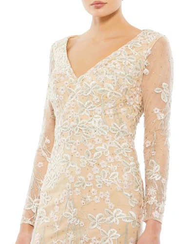 Mac Duggal Embroidered V Neck Long Sleeve Trumpet Gown In Ivory Nude