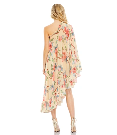 Mac Duggal Floral Print One Shoulder Cape Dress In Nude Multi