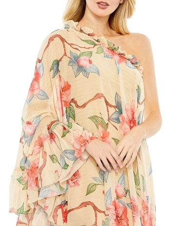 Mac Duggal Floral Print One Shoulder Cape Dress In Nude Multi
