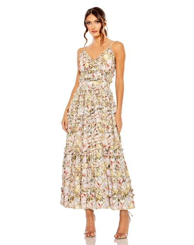 Shop Mac Duggal Floral Print Ruffle Tiered Midi Dress In Ivory Multi