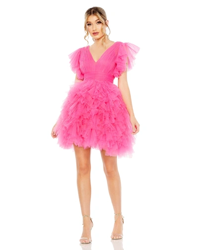 Shop Mac Duggal Flutter Ruffle Sleeve Tiered Dress In Hot Pink