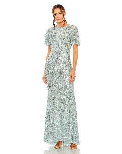 Mac Duggal Flutter Sleeve Sequin High Neck Dress In French Blue
