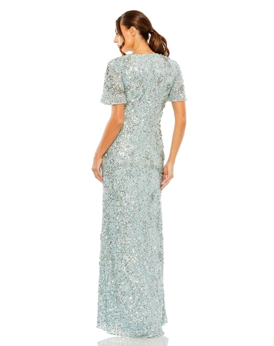 Shop Mac Duggal Flutter Sleeve Sequin High Neck Dress In French Blue