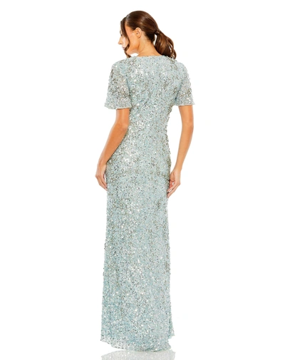 Mac Duggal Flutter Sleeve Sequin High Neck Dress In French Blue