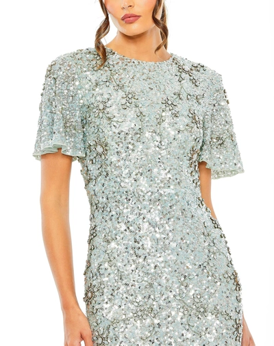 Mac Duggal Flutter Sleeve Sequin High Neck Dress In French Blue