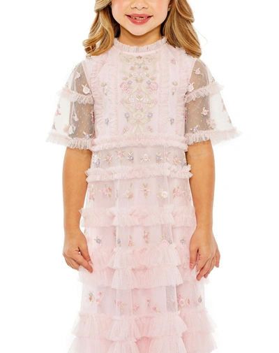 Shop Mac Duggal Girls High Neck Flutter Sleeve Lace Dress In Rose Multi