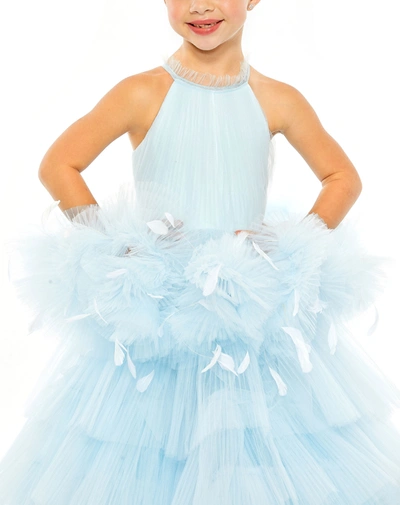 Shop Mac Duggal Girls High Neck Tulle Dress With Feather Detail In Ice Blue