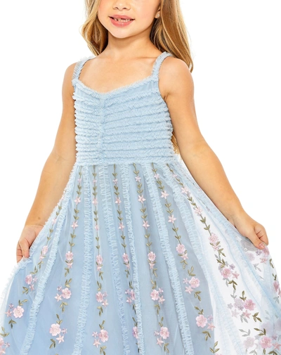Shop Mac Duggal Girls Ruffle Floral Embroidered Detail Mini Dress In Blue Multi