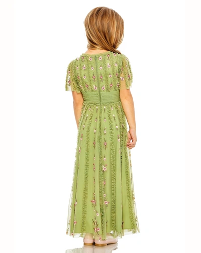 Mac Duggal Girls Ruffle Flutter Sleeve Floral Mini Dress In Moss Green