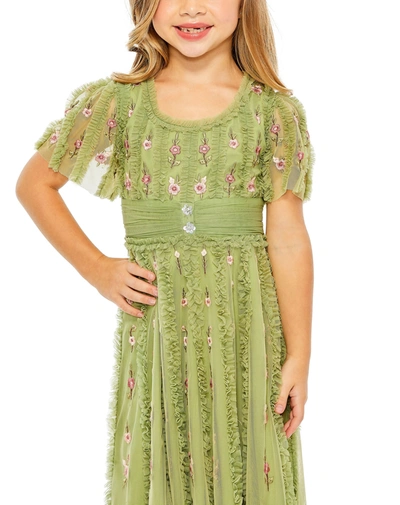 Mac Duggal Girls Ruffle Flutter Sleeve Floral Mini Dress In Moss Green