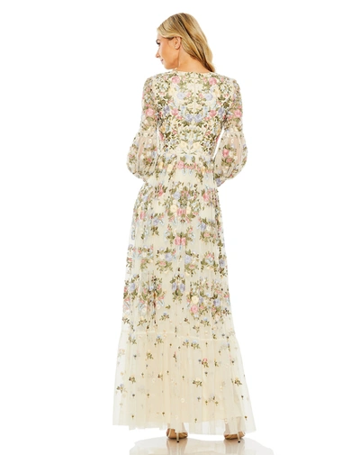 Shop Mac Duggal High Neck Floral Embroidered Puff Sleeve Gown In Ivory