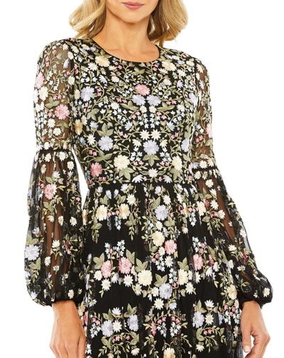 Shop Mac Duggal High Neck Floral Embroidered Puff Sleeve Gown In Black