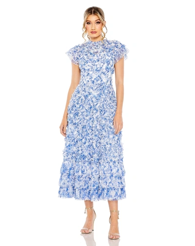Shop Mac Duggal High Neck Ruffle Cap Sleeve Floral Dress In Blue Multi
