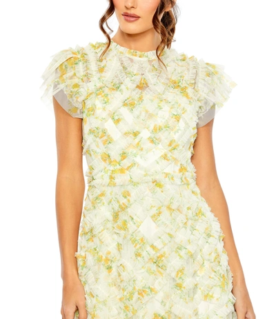 Shop Mac Duggal High Neck Ruffle Cap Sleeve Floral Dress In Yellow Multi