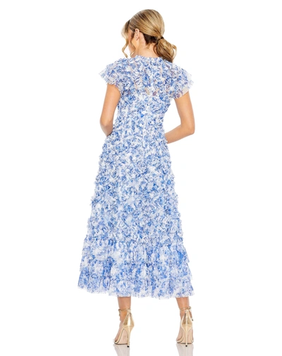 Shop Mac Duggal High Neck Ruffle Cap Sleeve Floral Dress In Blue Multi