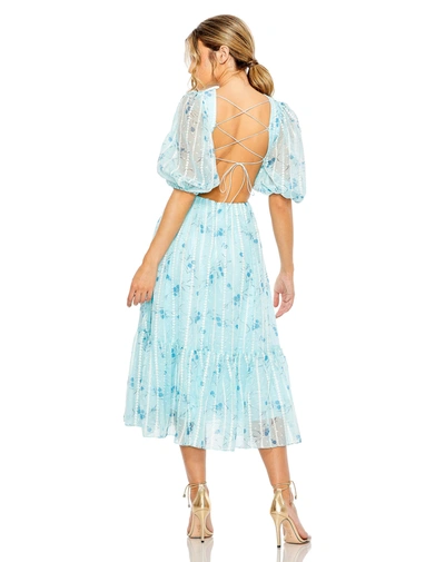 Mac Duggal Lace Up Puff Sleeve Floral Dress In Blue Floral
