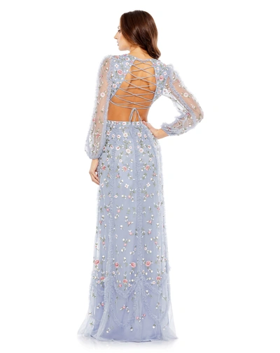 Mac Duggal Long Sleeve Embellished Cut Out A-line Gown In Periwinkle