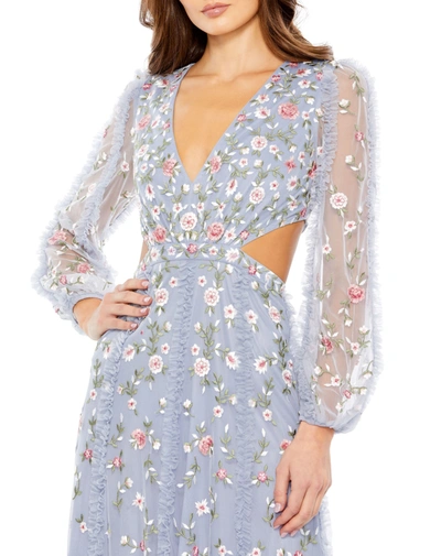 Mac Duggal Long Sleeve Embellished Cut Out A-line Gown In Periwinkle
