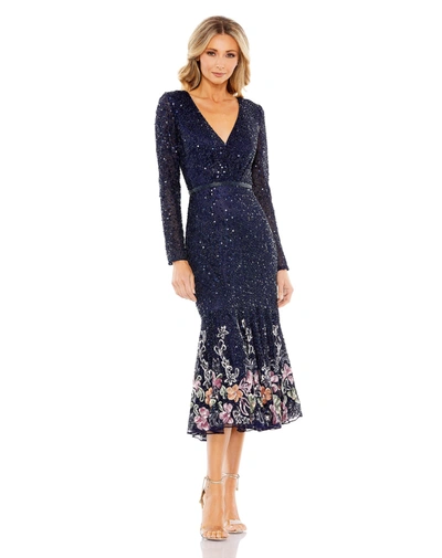 Shop Mac Duggal Long Sleeve Faux Wrap Embellished Tea Length Dress In Midnight