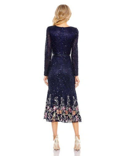 Shop Mac Duggal Long Sleeve Faux Wrap Embellished Tea Length Dress In Midnight
