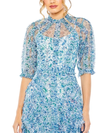 Shop Mac Duggal Mesh Puff Sleeve Floral Print Dress In Blue Multi