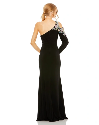 Shop Mac Duggal One Shoulder Long Sleeve Floral Embellished Gown In Black Multi