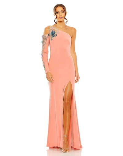 Shop Mac Duggal One Shoulder Long Sleeve Floral Embellished Gown In Peach Multi