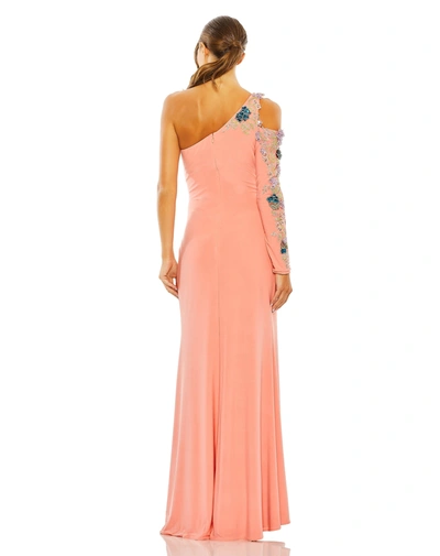 Shop Mac Duggal One Shoulder Long Sleeve Floral Embellished Gown In Peach Multi
