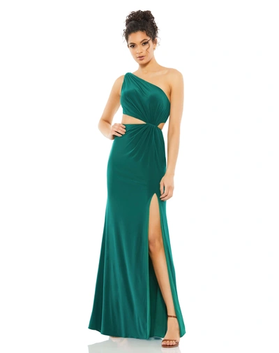 Shop Ieena For Mac Duggal One Shoulder Ruched Cut Out Jersey Gown - Final Sale In Emerald