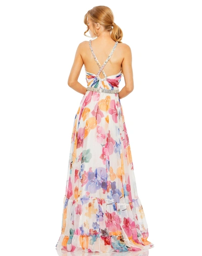 Shop Mac Duggal Plunge Neck Embellished A Line Floral Print Gown In White Multi