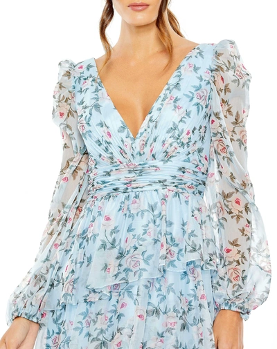 Shop Mac Duggal Puff Sleeve Floral Printed Dress In Aqua Multi