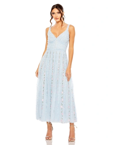 Shop Mac Duggal Ruffle Floral Embroidered Detail Tea Length Dress In Blue Multi