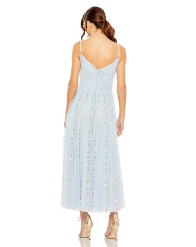 Shop Mac Duggal Ruffle Floral Embroidered Detail Tea Length Dress In Blue Multi