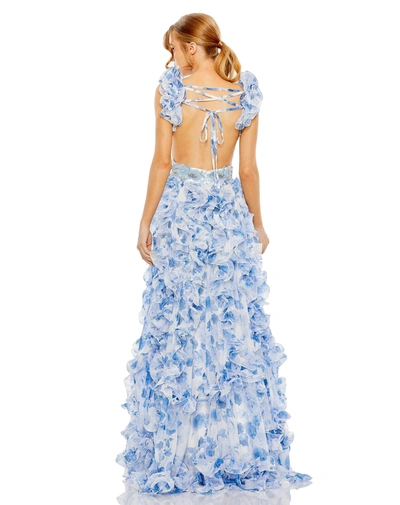 Shop Mac Duggal Ruffle Tiered Cap Sleeve Cut Out Open Back Gown In Blue