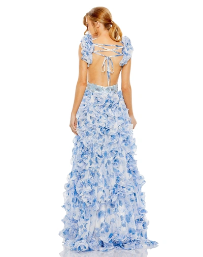 Mac Duggal Ruffle Tiered Cap Sleeve Cut Out Open Back Gown In Blue