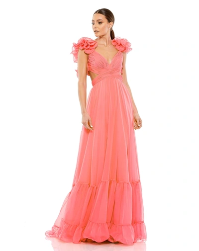 Mac Duggal Ruffle Tiered Cut-out Chiffon Gown In Coral