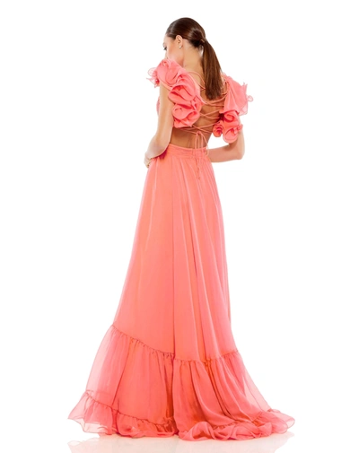 Mac Duggal Ruffle Tiered Cut-out Chiffon Gown In Coral