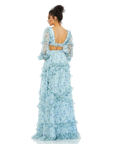 Mac Duggal Long Sleeve Ruffle Chiffon Empire Waist Gown In Powder Blue