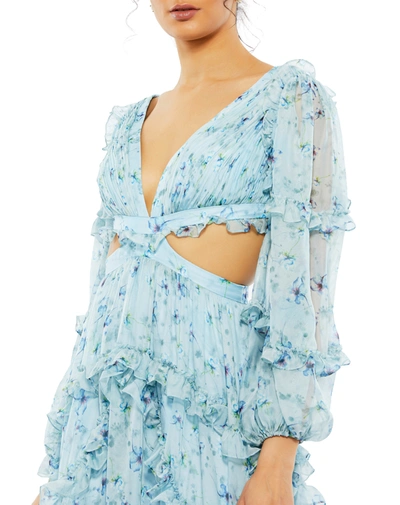Mac Duggal Long Sleeve Ruffle Chiffon Empire Waist Gown In Powder Blue