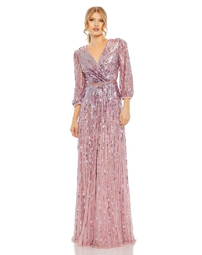 Shop Mac Duggal Sequined Wrap Over 3/4 Sleeve Gown In Mauve