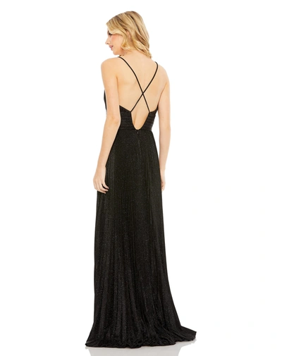 Shop Mac Duggal Shimmer Pleated V Neck Gown In Black