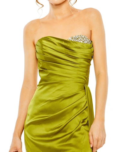 Shop Mac Duggal Strapless Embellished Sweetheart Neckline Satin Gown In Apple Green