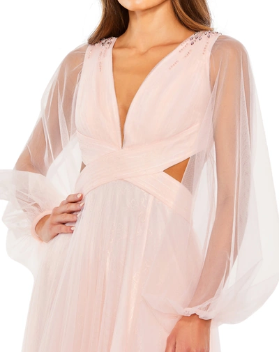 Mac Duggal Tulle Puff Sleeve Cut Out Lace Up A Line Gown In Blush