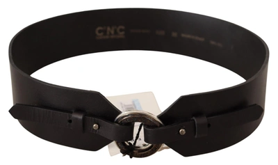 Shop Costume National Black Leather Silver Round Buckle Women's Belt